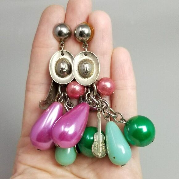 Vintage Pink Green Beaded Dangle Stud Earrings, Cowboy Cowgirl Country Theme - Picture 2 of 5